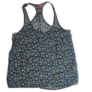 Bongo Tank Top Womens Large Blue Floral Sheer Racerback Sleeveless Blouse Summer